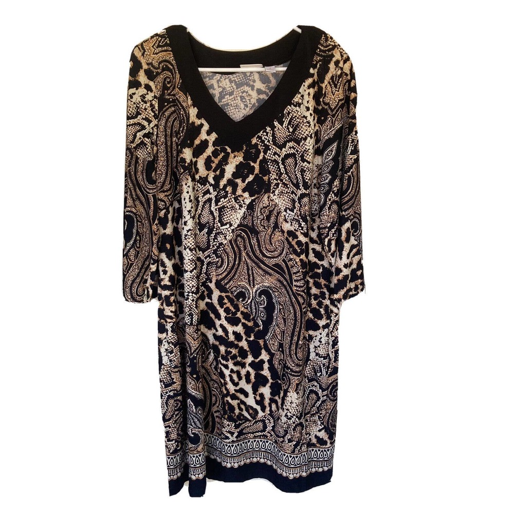 Chicos Dress Sz 2 Brown Black Animal Print Paisley Womens V Neck Longsleeve Work